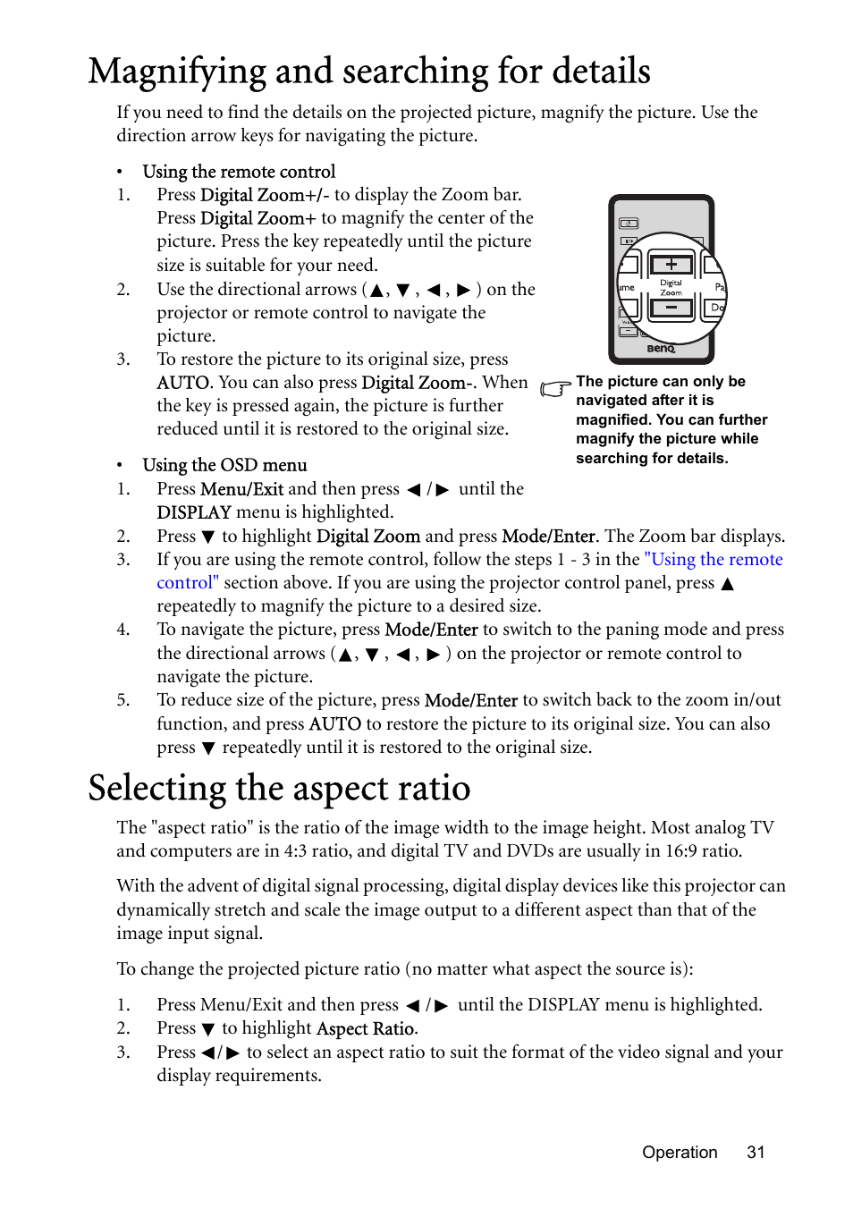 Magnifying and searching for details, Selecting the aspect ratio | BenQ MP576 User Manual | Page 31 / 68