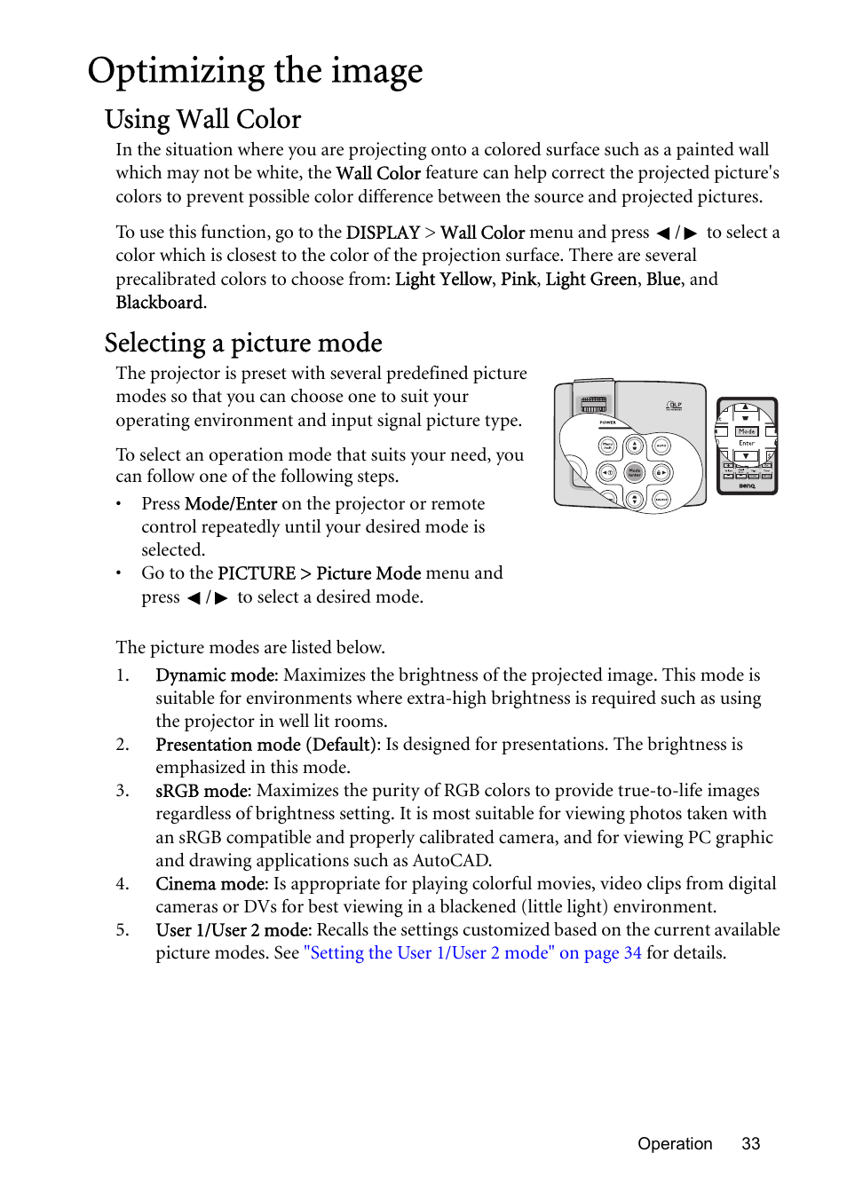 Optimizing the image, Using wall color, Selecting a picture mode | BenQ MP576 User Manual | Page 33 / 68
