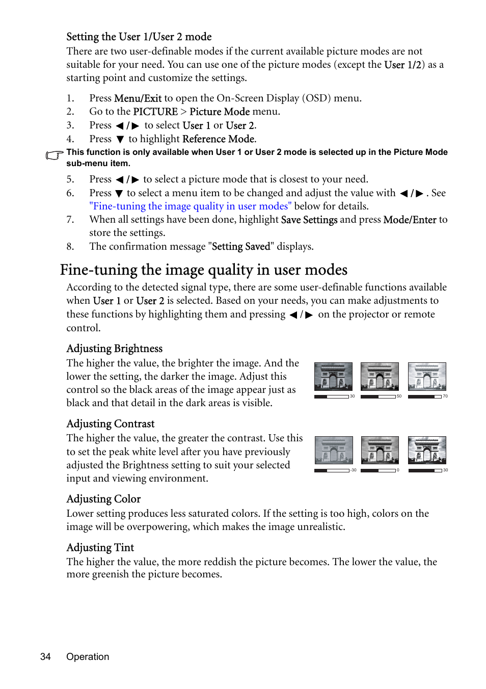 Fine-tuning the image quality in user modes | BenQ MP576 User Manual | Page 34 / 68
