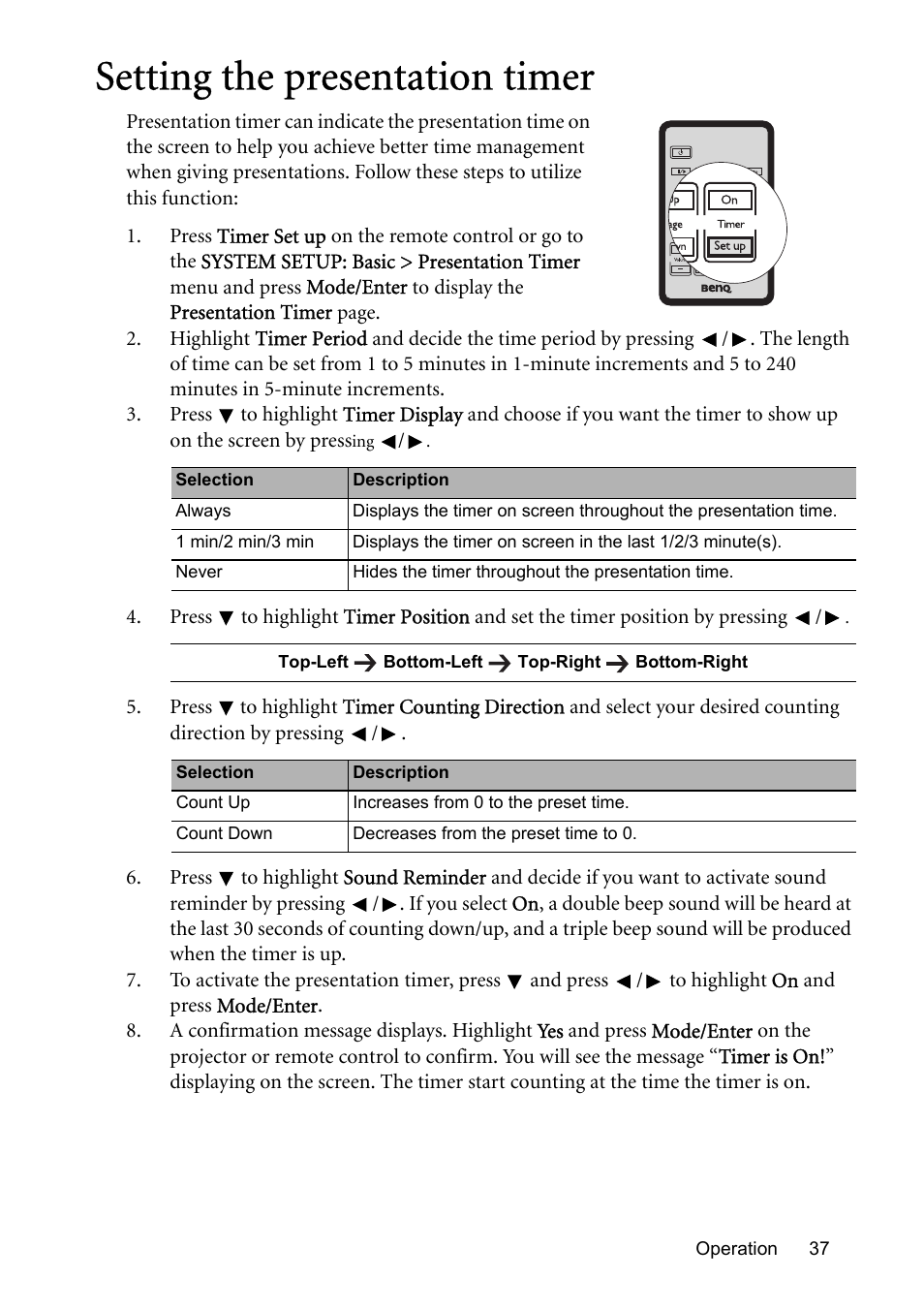 Setting the presentation timer | BenQ MP576 User Manual | Page 37 / 68