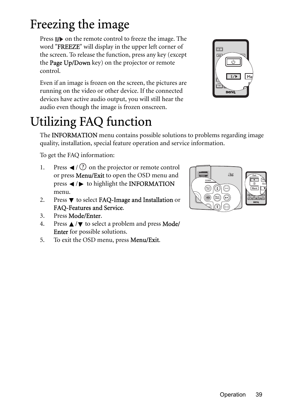 Freezing the image, Utilizing faq function, Freezing the image utilizing faq function | BenQ MP576 User Manual | Page 39 / 68