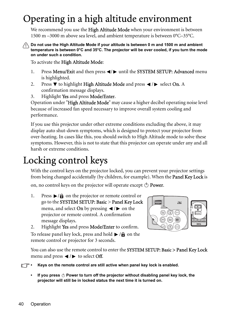 Operating in a high altitude environment, Locking control keys | BenQ MP576 User Manual | Page 40 / 68