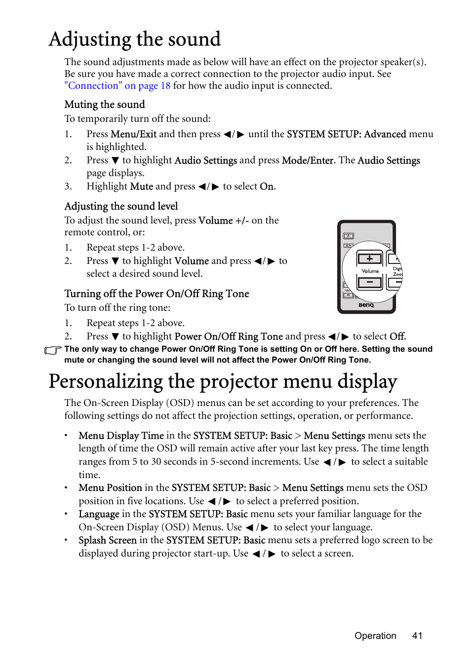 Adjusting the sound, Personalizing the projector menu display, Turning off the | BenQ MP576 User Manual | Page 41 / 68