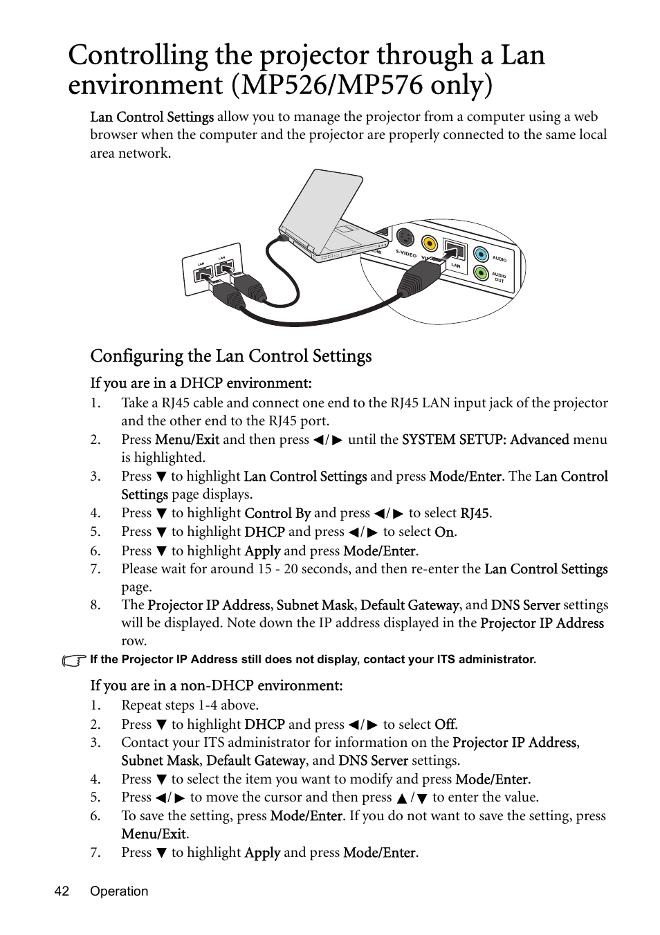 Configuring the lan control settings | BenQ MP576 User Manual | Page 42 / 68