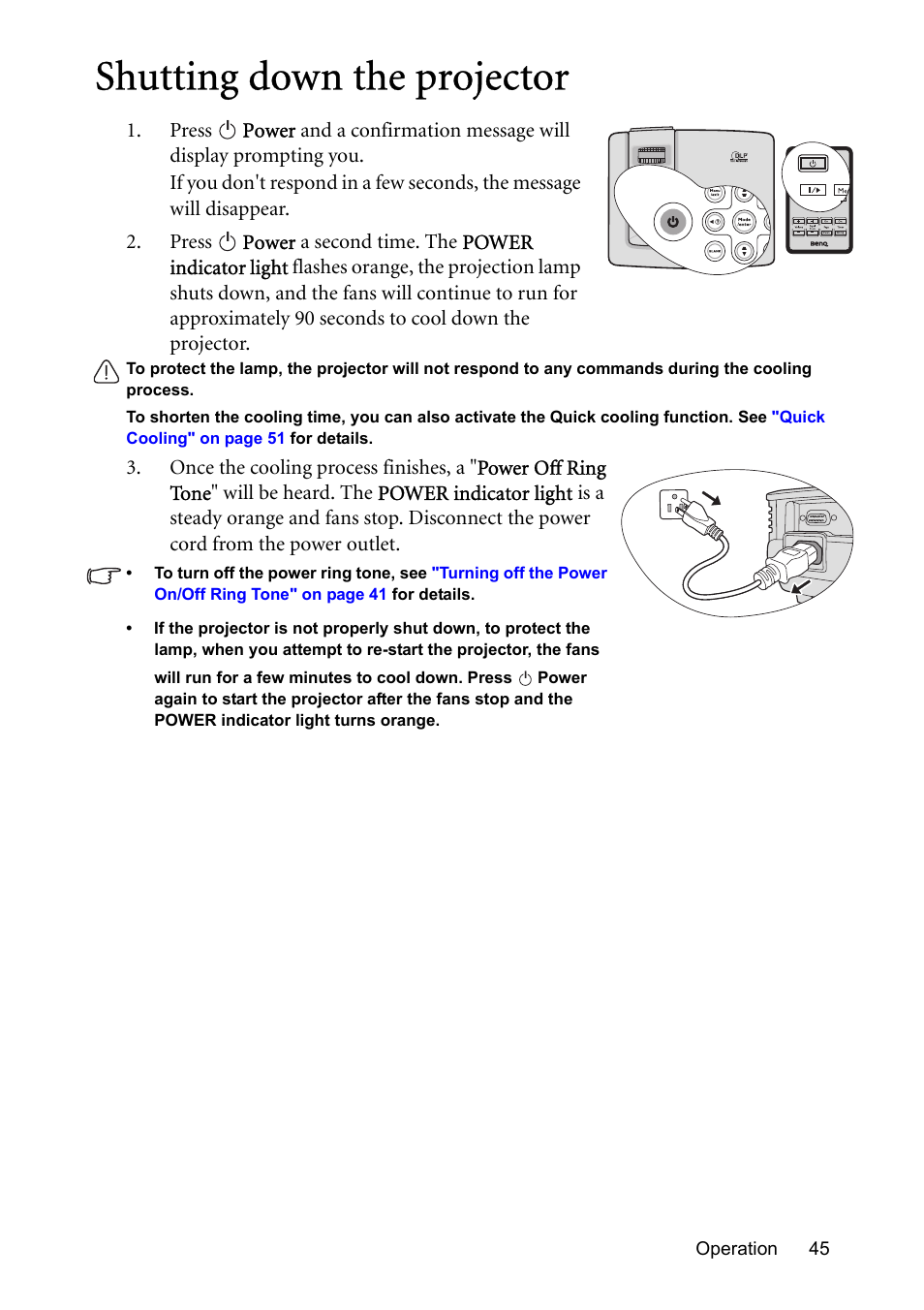 Shutting down the projector | BenQ MP576 User Manual | Page 45 / 68