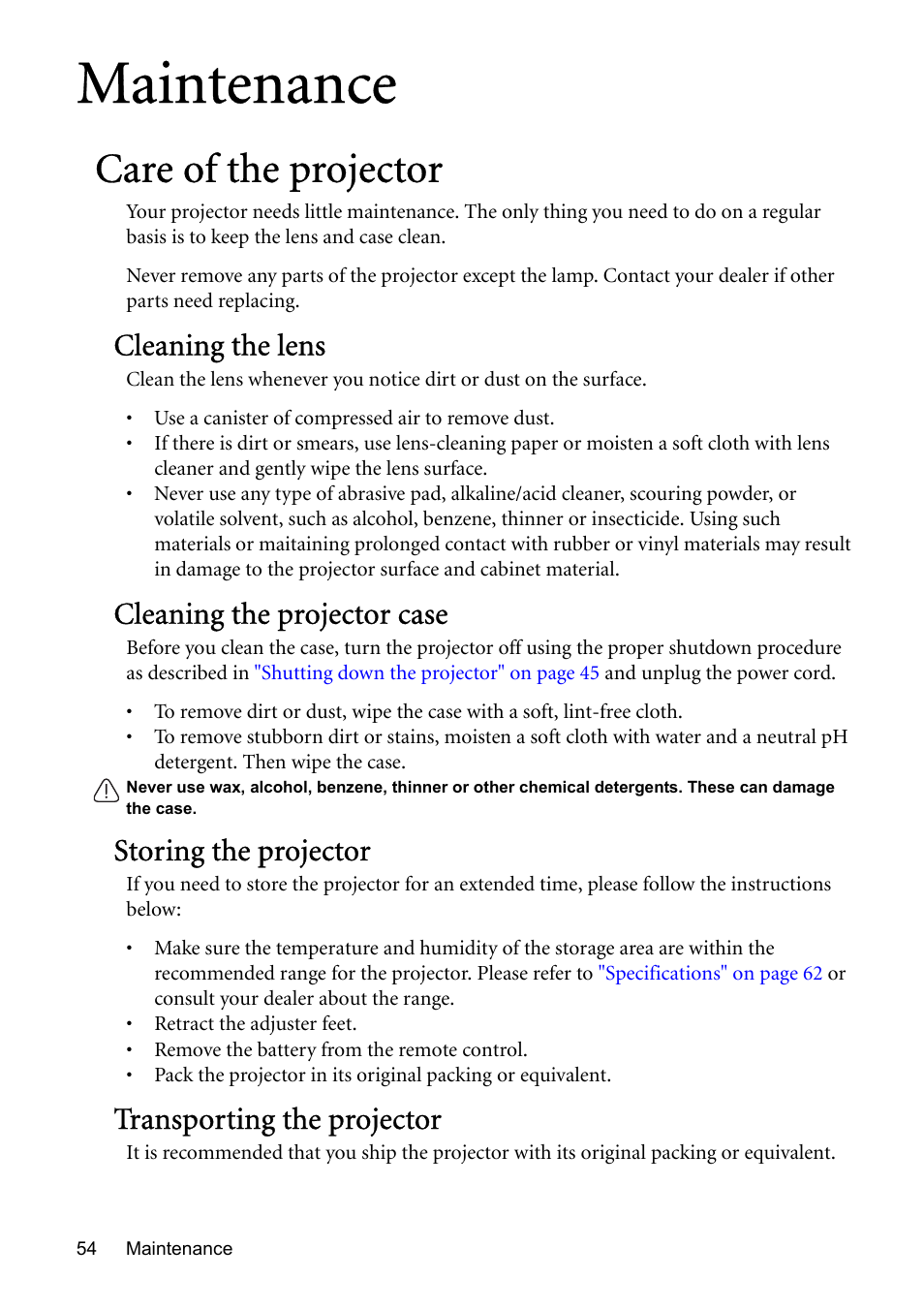 Maintenance, Care of the projector, Cleaning the lens | Cleaning the projector case, Storing the projector, Transporting the projector | BenQ MP576 User Manual | Page 54 / 68