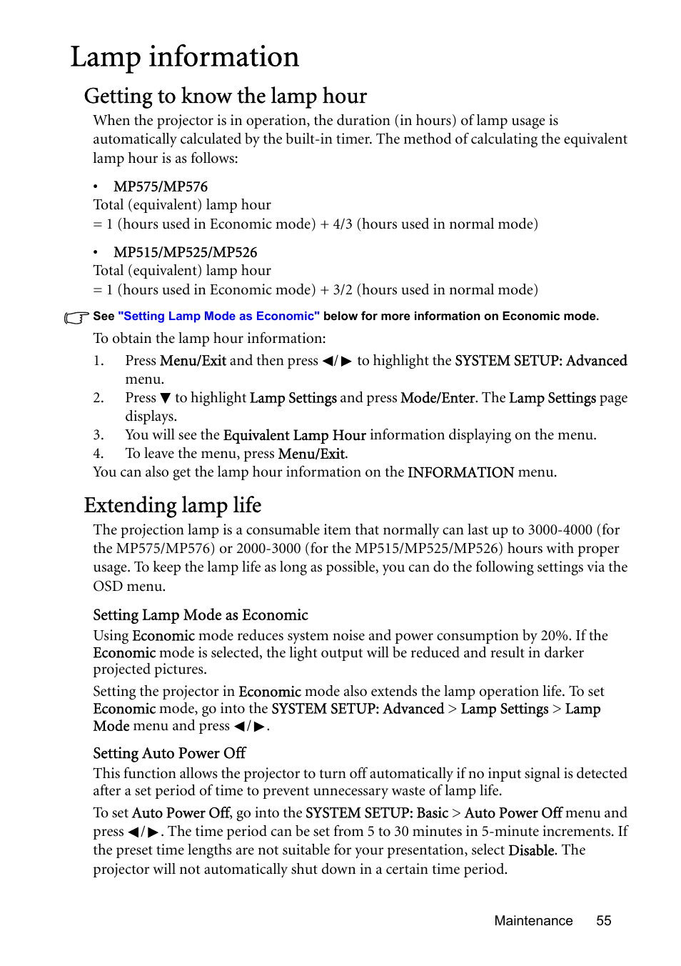 Lamp information, Getting to know the lamp hour, Extending lamp life | Setting auto power | BenQ MP576 User Manual | Page 55 / 68