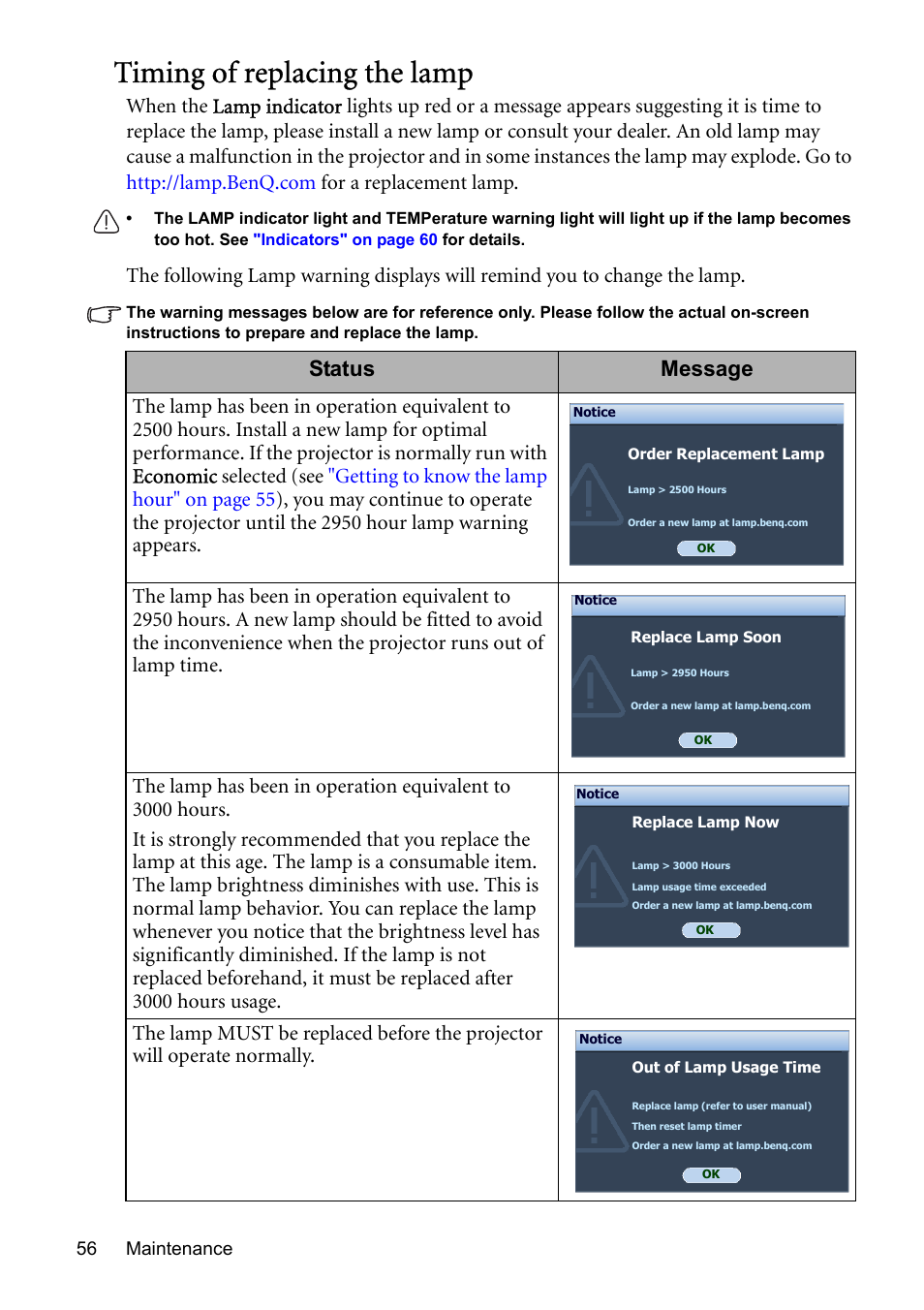 Timing of replacing the lamp, Status message | BenQ MP576 User Manual | Page 56 / 68