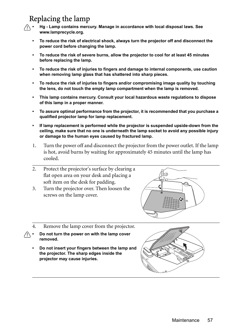 Replacing the lamp | BenQ MP576 User Manual | Page 57 / 68