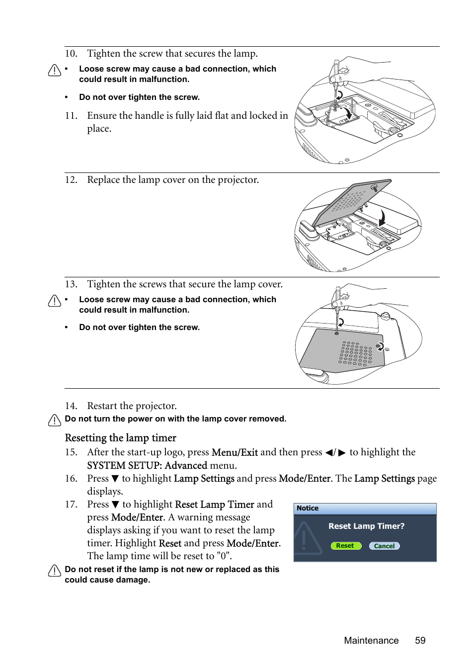 Resetting the lamp timer | BenQ MP576 User Manual | Page 59 / 68
