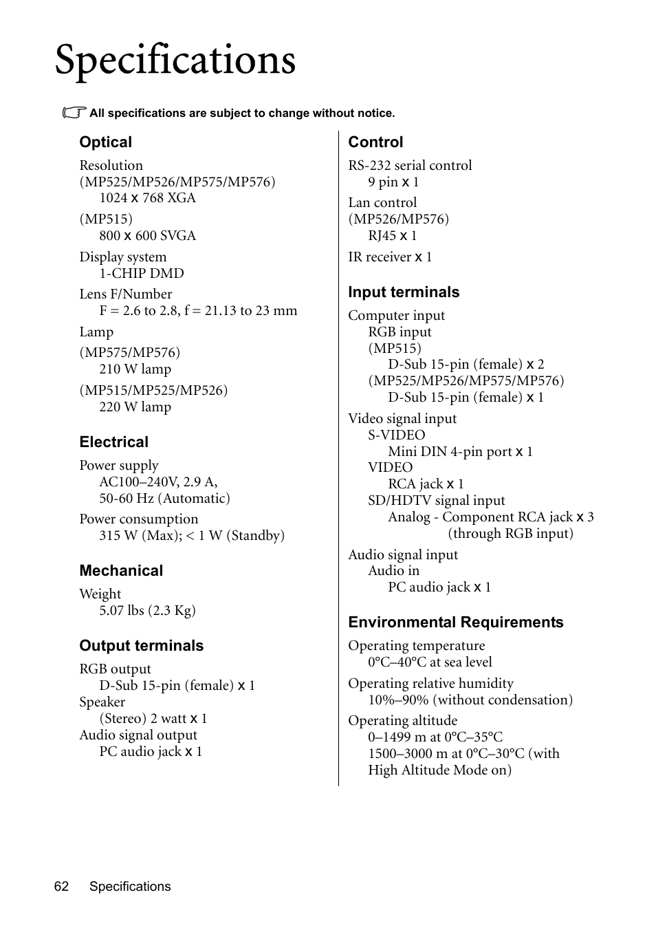 Specifications | BenQ MP576 User Manual | Page 62 / 68