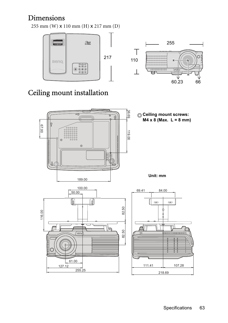 Dimensions, Ceiling mount installation | BenQ MP576 User Manual | Page 63 / 68