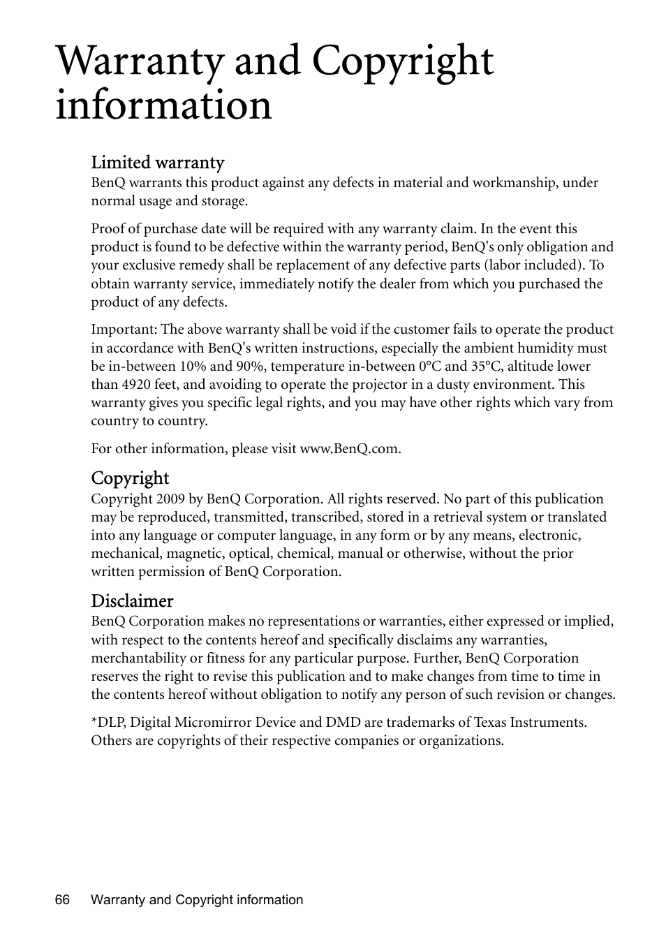 Warranty and copyright information | BenQ MP576 User Manual | Page 66 / 68