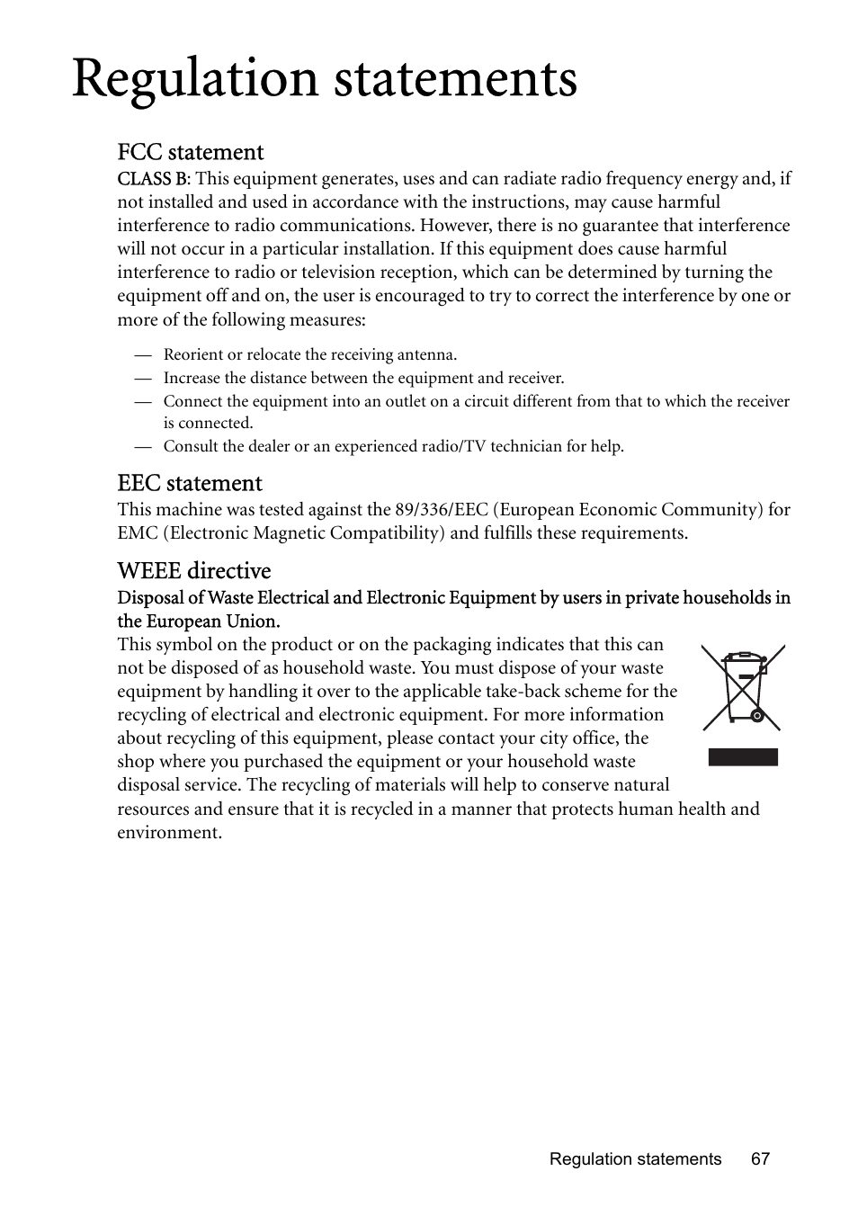 Regulation statements, Fcc statement, Eec statement | Weee directive | BenQ MP576 User Manual | Page 67 / 68