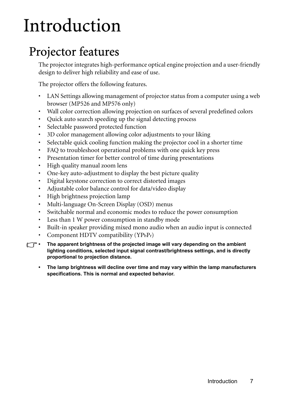 Introduction, Projector features | BenQ MP576 User Manual | Page 7 / 68