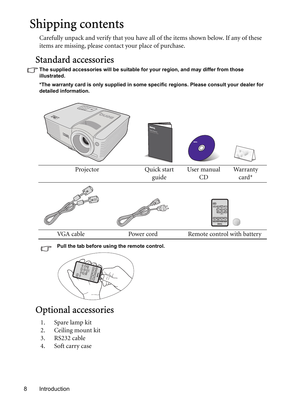 Shipping contents, Standard accessories, Optional accessories | BenQ MP576 User Manual | Page 8 / 68