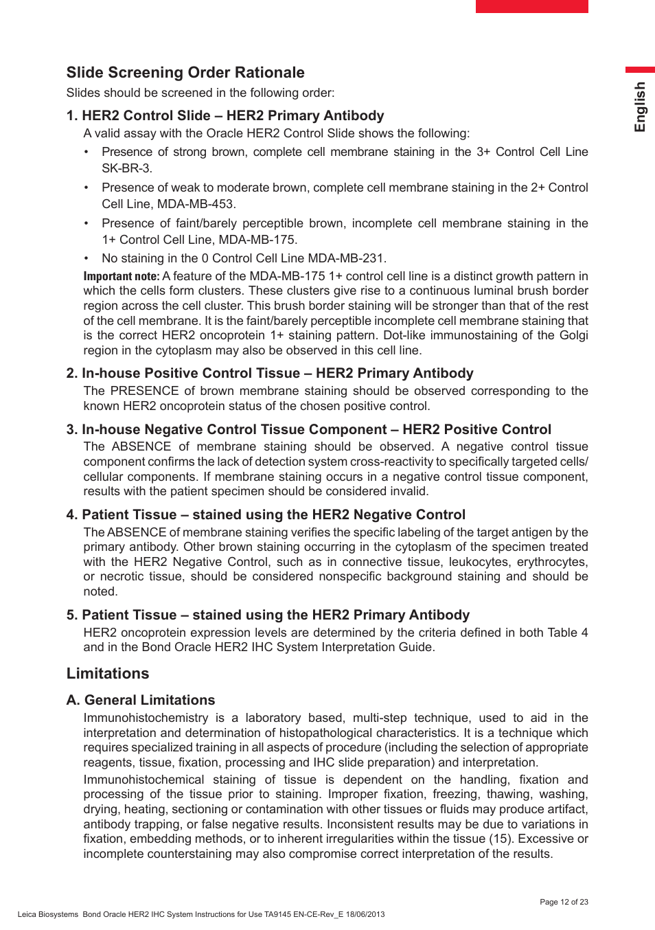 Slide screening order rationale, Limitations | Leica Biosystems Bond Oracle HER2 IHC System User Manual | Page 12 / 23