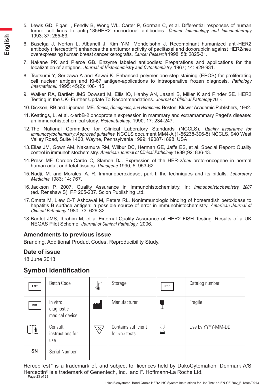 Symbol identification, English, Amendments to previous issue | Date of issue | Leica Biosystems Bond Oracle HER2 IHC System User Manual | Page 23 / 23