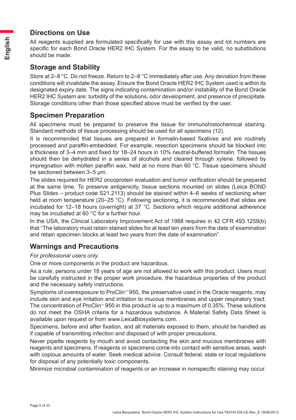 Directions on use, Storage and stability, Specimen preparation | Warnings and precautions | Leica Biosystems Bond Oracle HER2 IHC System User Manual | Page 5 / 23