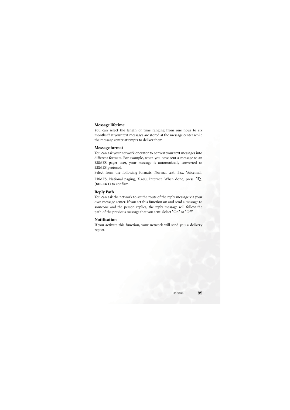 Message lifetime, Message format, Reply path | Notification, Message format reply path notification | BenQ M555C User Manual | Page 101 / 158