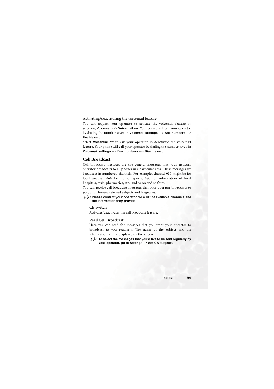 Activating/deactivating the voicemail feature, Cell broadcast, Cb switch | Activates/deactivates the cell broadcast feature, Read cell broadcast, Cb switch read cell broadcast | BenQ M555C User Manual | Page 105 / 158