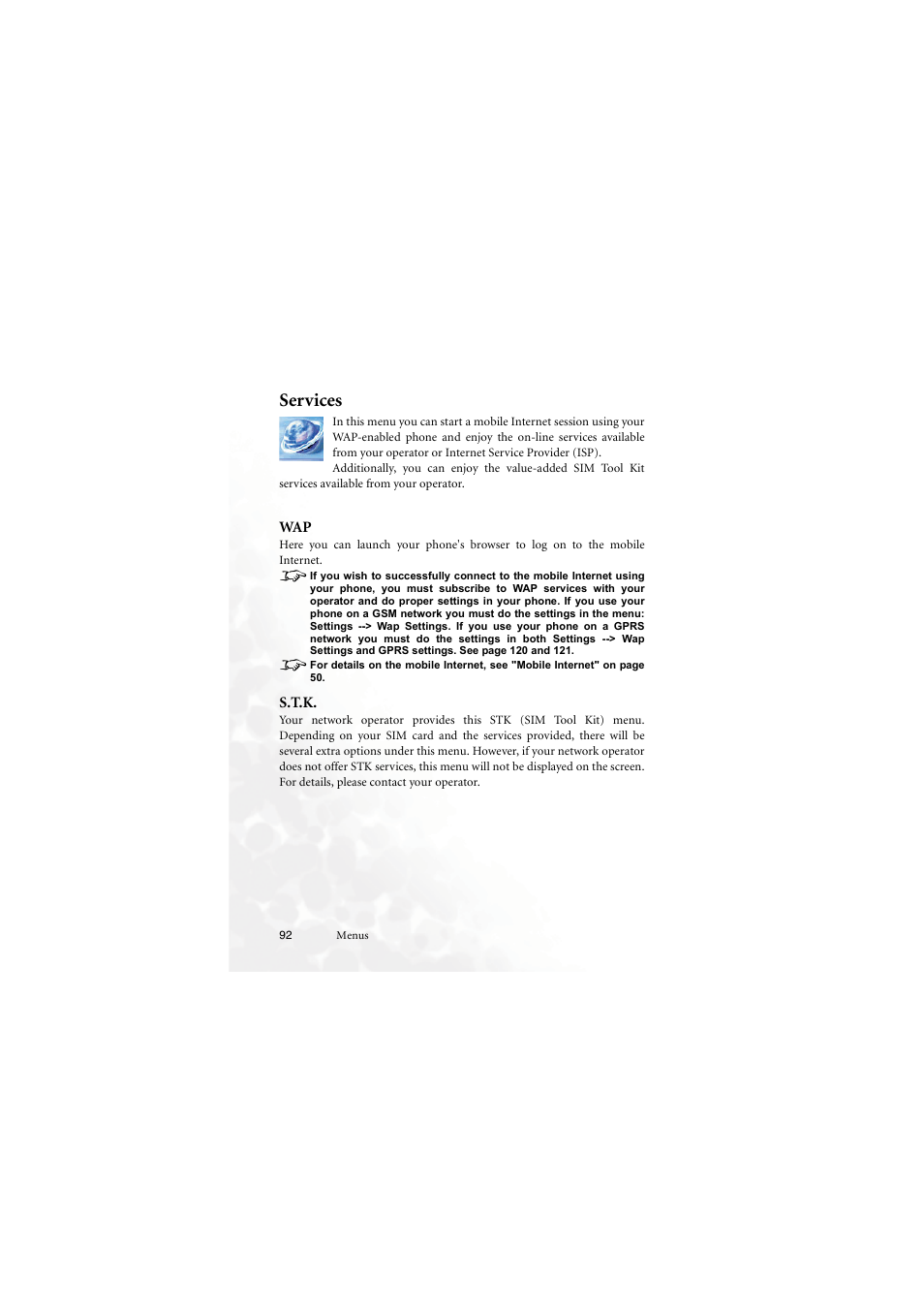 Services, S.t.k, Wap s.t.k | BenQ M555C User Manual | Page 108 / 158