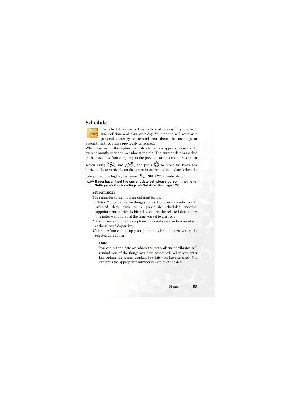 Schedule, Set reminder, Date | BenQ M555C User Manual | Page 109 / 158