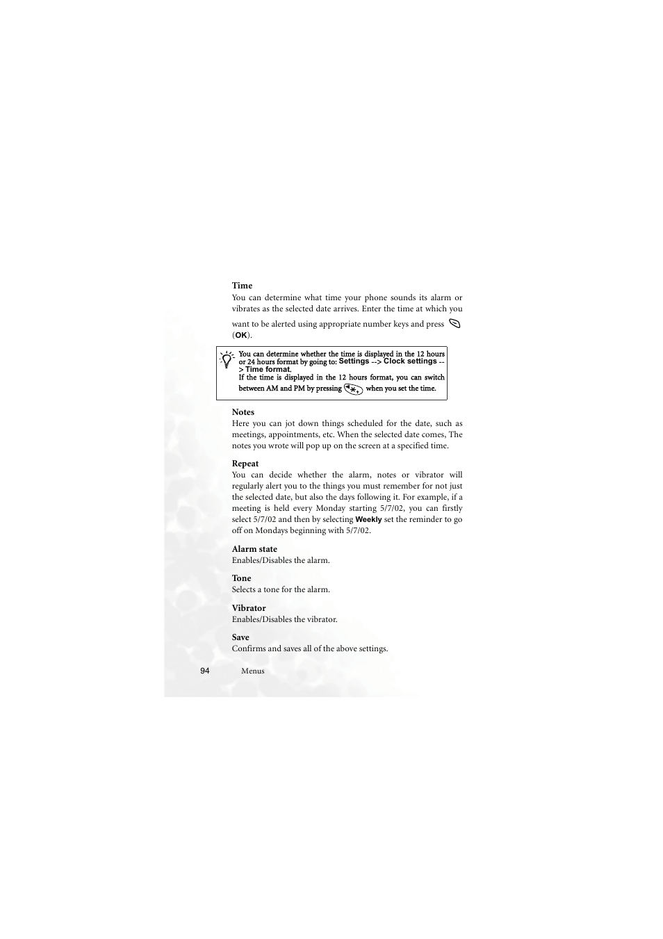 Time, Notes, Repeat | Alarm state, Tone, Vibrator, Save | BenQ M555C User Manual | Page 110 / 158