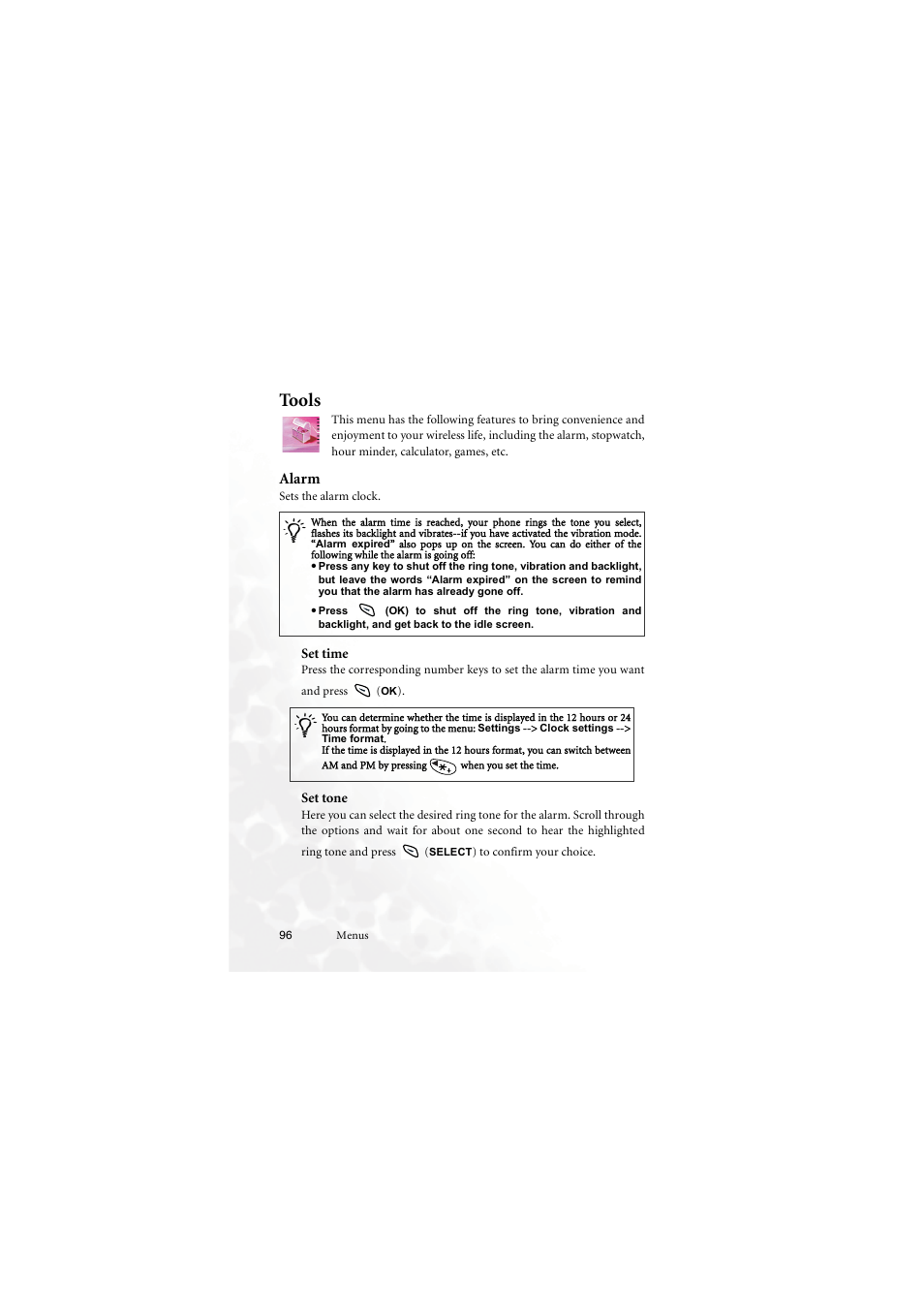 Tools, Alarm, Set time | Set tone, Set time set tone | BenQ M555C User Manual | Page 112 / 158