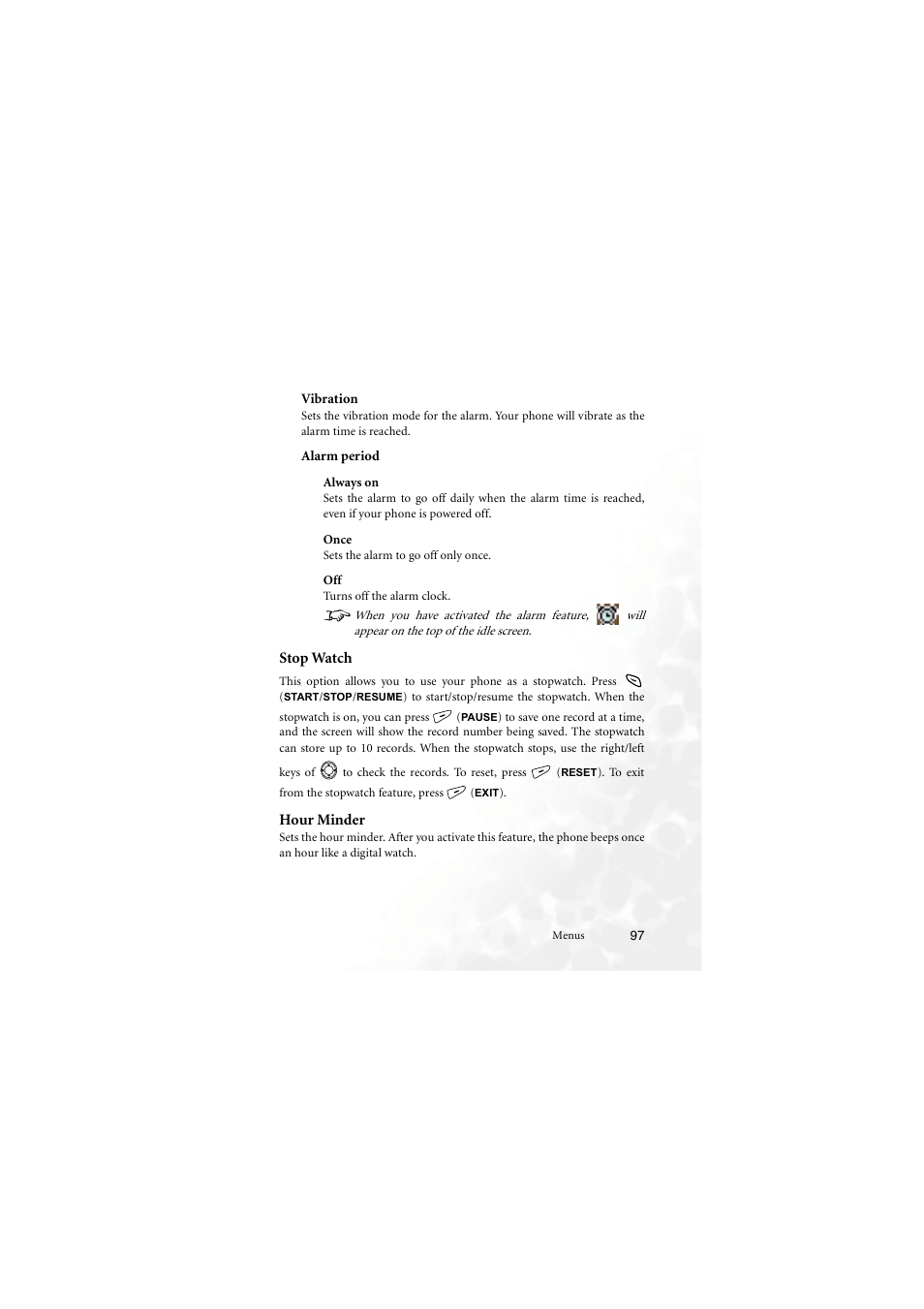 Vibration, Alarm period, Always on | Once, Stop watch, Hour minder, Vibration alarm period, Stop watch hour minder | BenQ M555C User Manual | Page 113 / 158