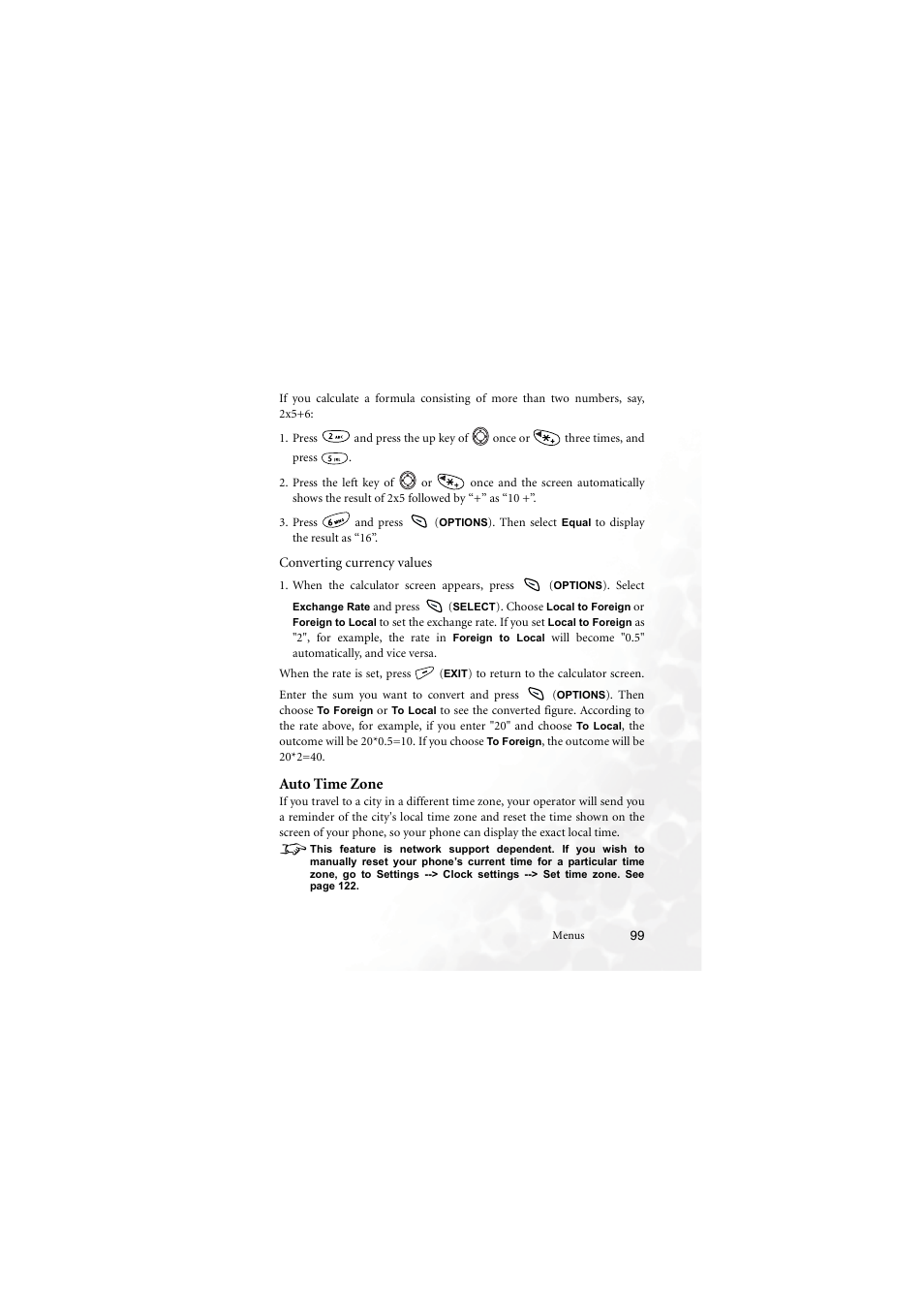 Converting currency values, Auto time zone | BenQ M555C User Manual | Page 115 / 158
