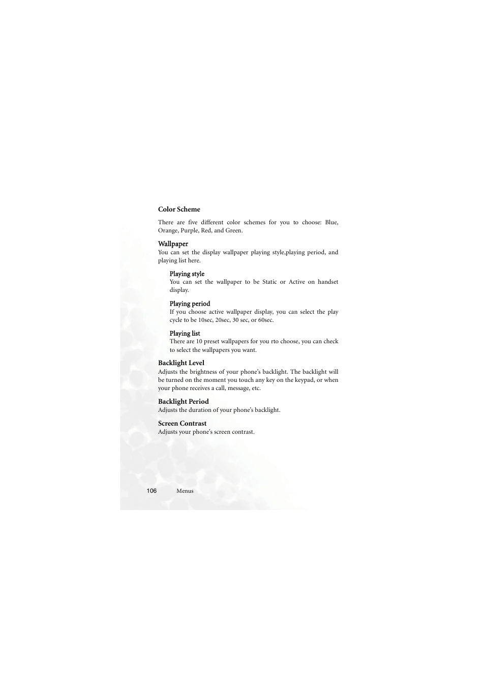 Color scheme, Wallpaper, Playing style | Playing period, Playing list, Backlight level, Backlight period, Screen contrast | BenQ M555C User Manual | Page 122 / 158