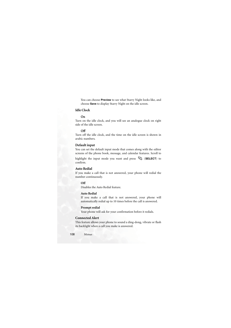 Idle clock, Default input, Auto redial | Disables the auto redial feature, Prompt redial, Connected alert | BenQ M555C User Manual | Page 124 / 158