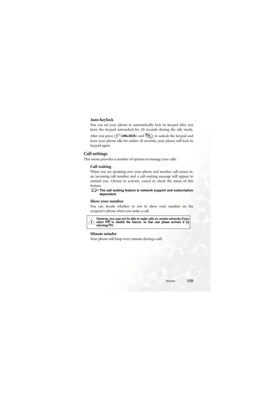 Auto keylock, Call settings, Call waiting | Show your number, Minute minder, Call waiting show your number minute minder, D 109 | BenQ M555C User Manual | Page 125 / 158