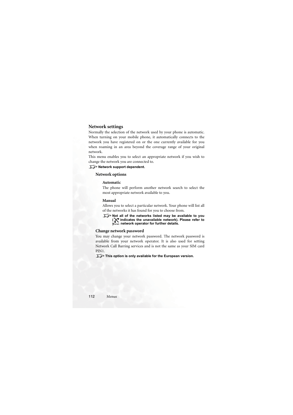 Network settings, Network support dependent, Network options | Automatic, Manual, Change network password, Network options change network password | BenQ M555C User Manual | Page 128 / 158