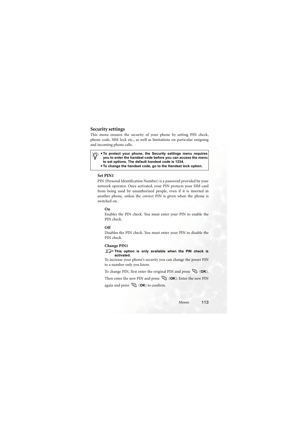 Security settings, Set pin1, Change pin1 | BenQ M555C User Manual | Page 129 / 158