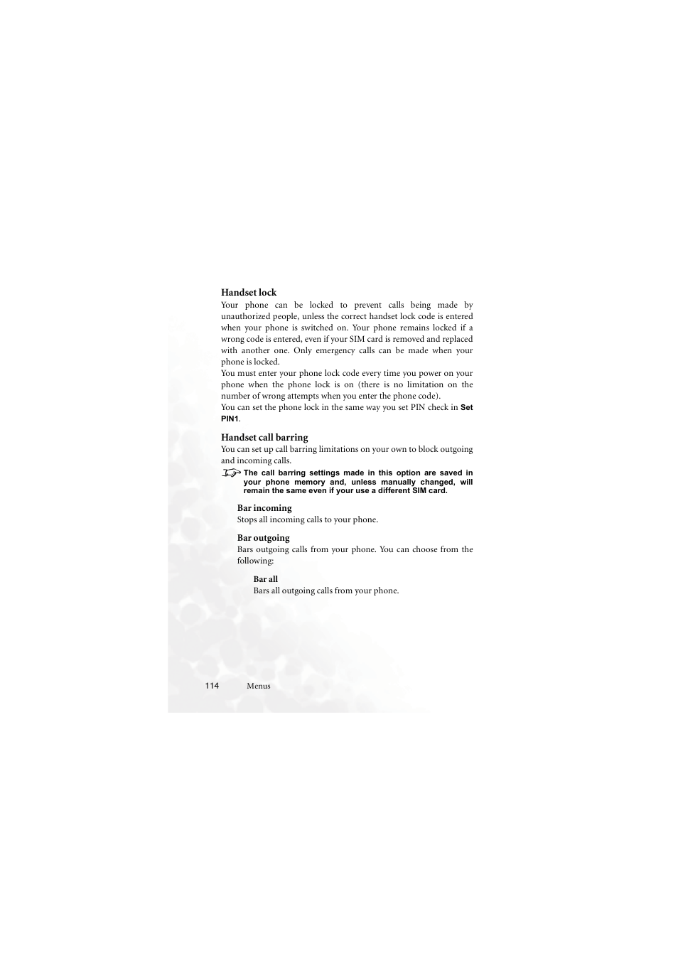 Handset lock, Handset call barring, Bar incoming | Bar outgoing, Handset lock handset call barring | BenQ M555C User Manual | Page 130 / 158