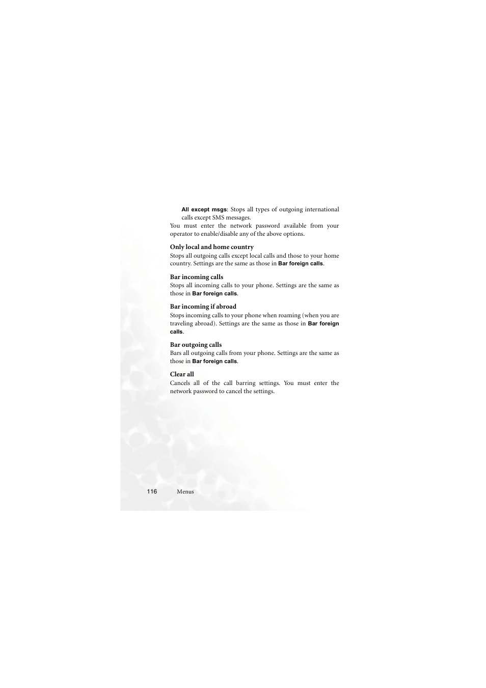 Only local and home country, Bar incoming calls, Bar incoming if abroad | Bar outgoing calls, Clear all | BenQ M555C User Manual | Page 132 / 158