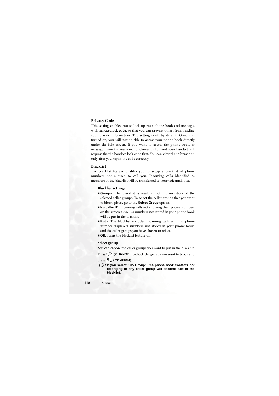 Privacy code, Blacklist, Blacklist settings | Select group, Privacy code blacklist, Privacy | BenQ M555C User Manual | Page 134 / 158
