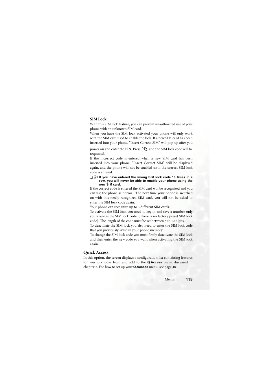 Sim lock, Quick access | BenQ M555C User Manual | Page 135 / 158