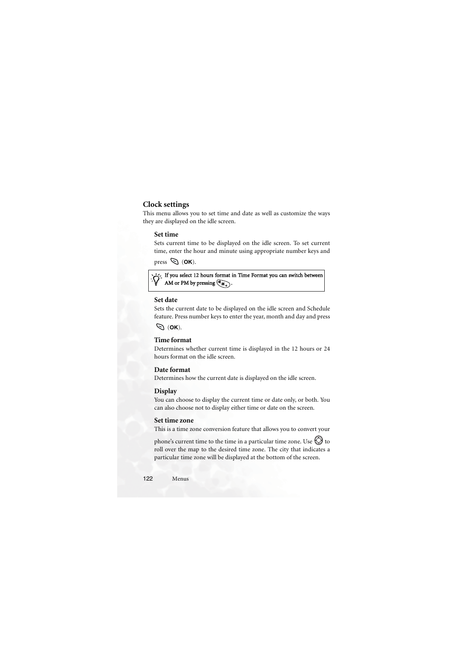 Clock settings, Set time, Set date | Time format, Date format, Display, Set time zone | BenQ M555C User Manual | Page 138 / 158