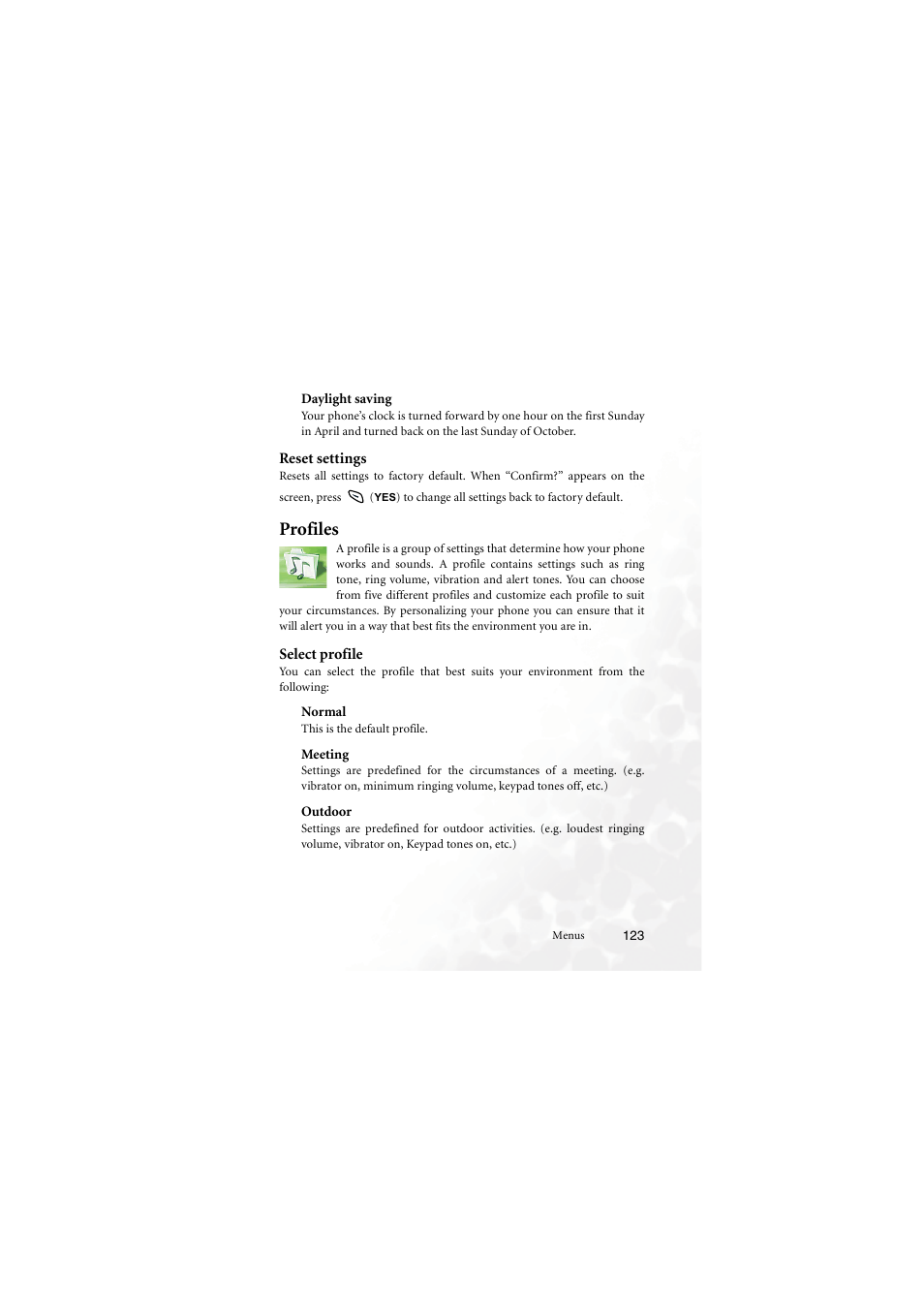 Daylight saving, Reset settings, Profiles | Select profile, Normal, Meeting, Outdoor, Normal meeting outdoor | BenQ M555C User Manual | Page 139 / 158