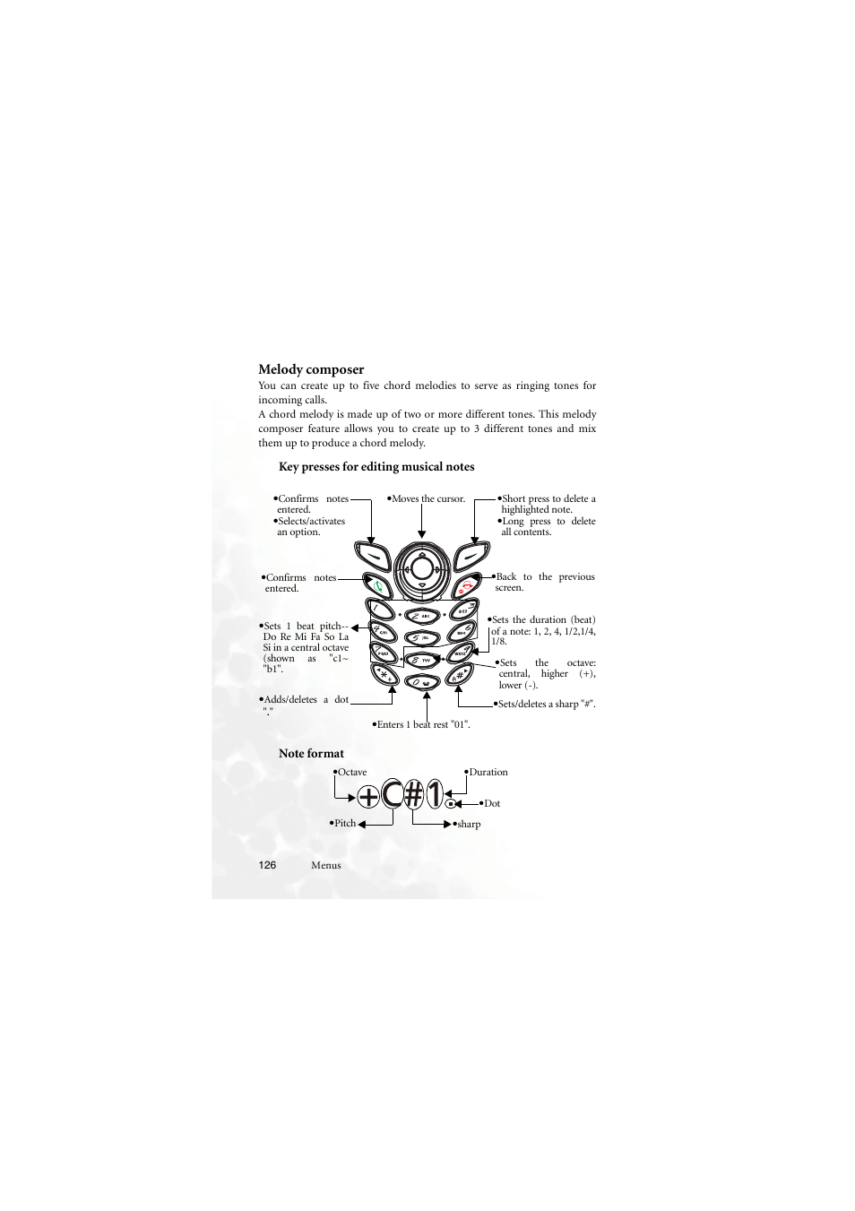 Melody composer, Key presses for editing musical notes | BenQ M555C User Manual | Page 142 / 158