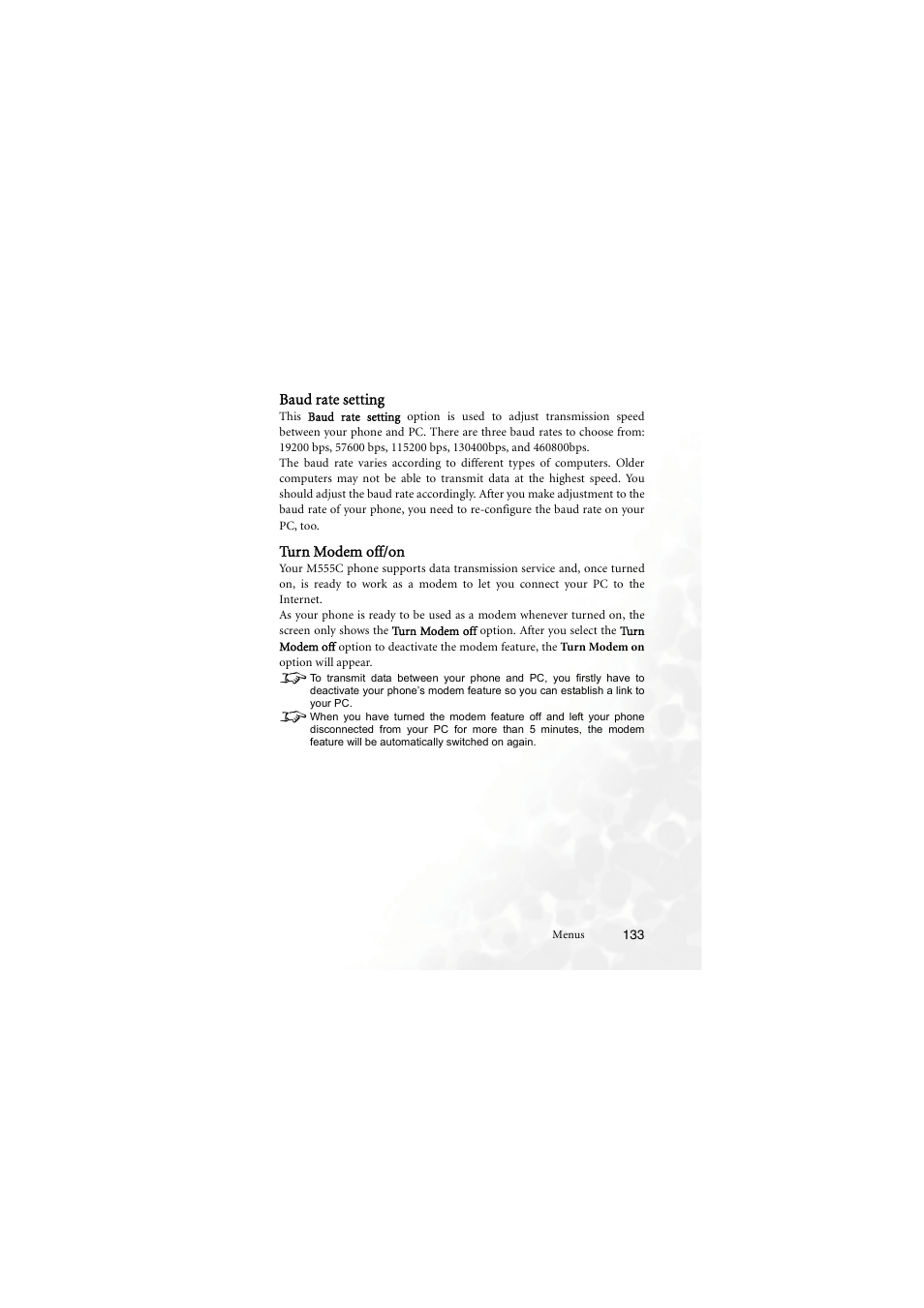 Baud rate setting, Turn modem off/on, Baud rate setting turn modem off/on | BenQ M555C User Manual | Page 149 / 158