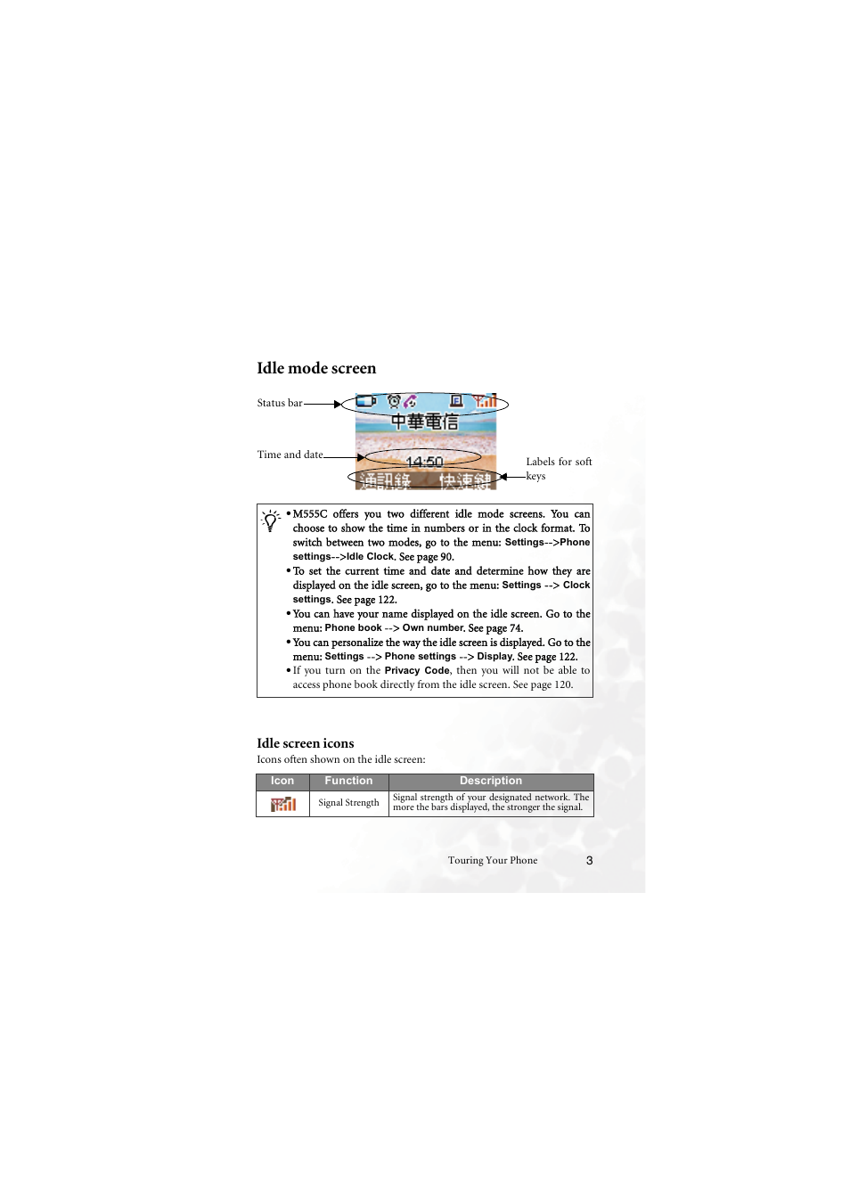 Idle mode screen, Idle screen icons | BenQ M555C User Manual | Page 19 / 158
