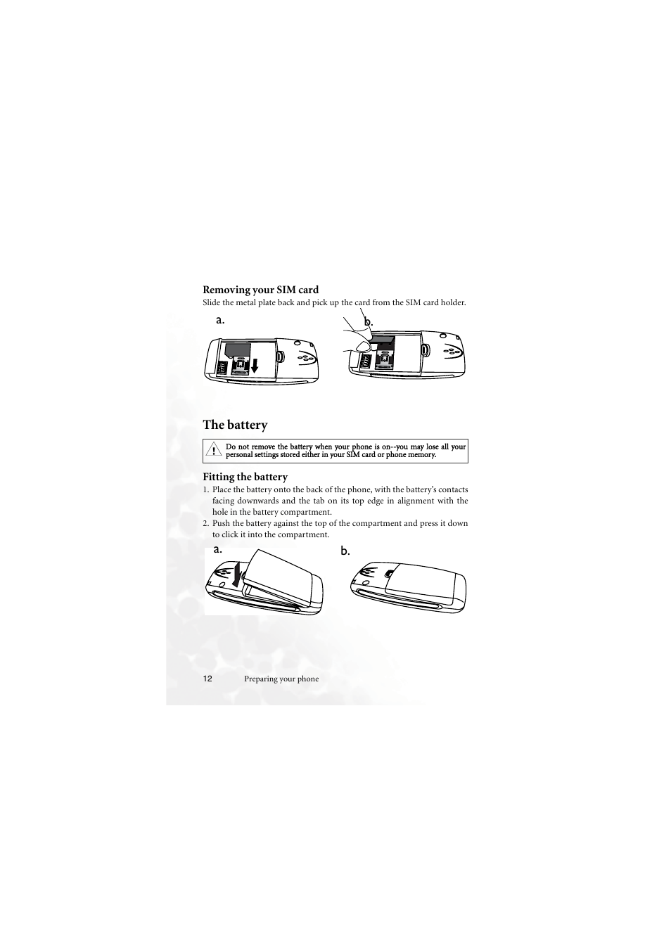 Removing your sim card, The battery, Fitting the battery | A. b. b. a | BenQ M555C User Manual | Page 28 / 158