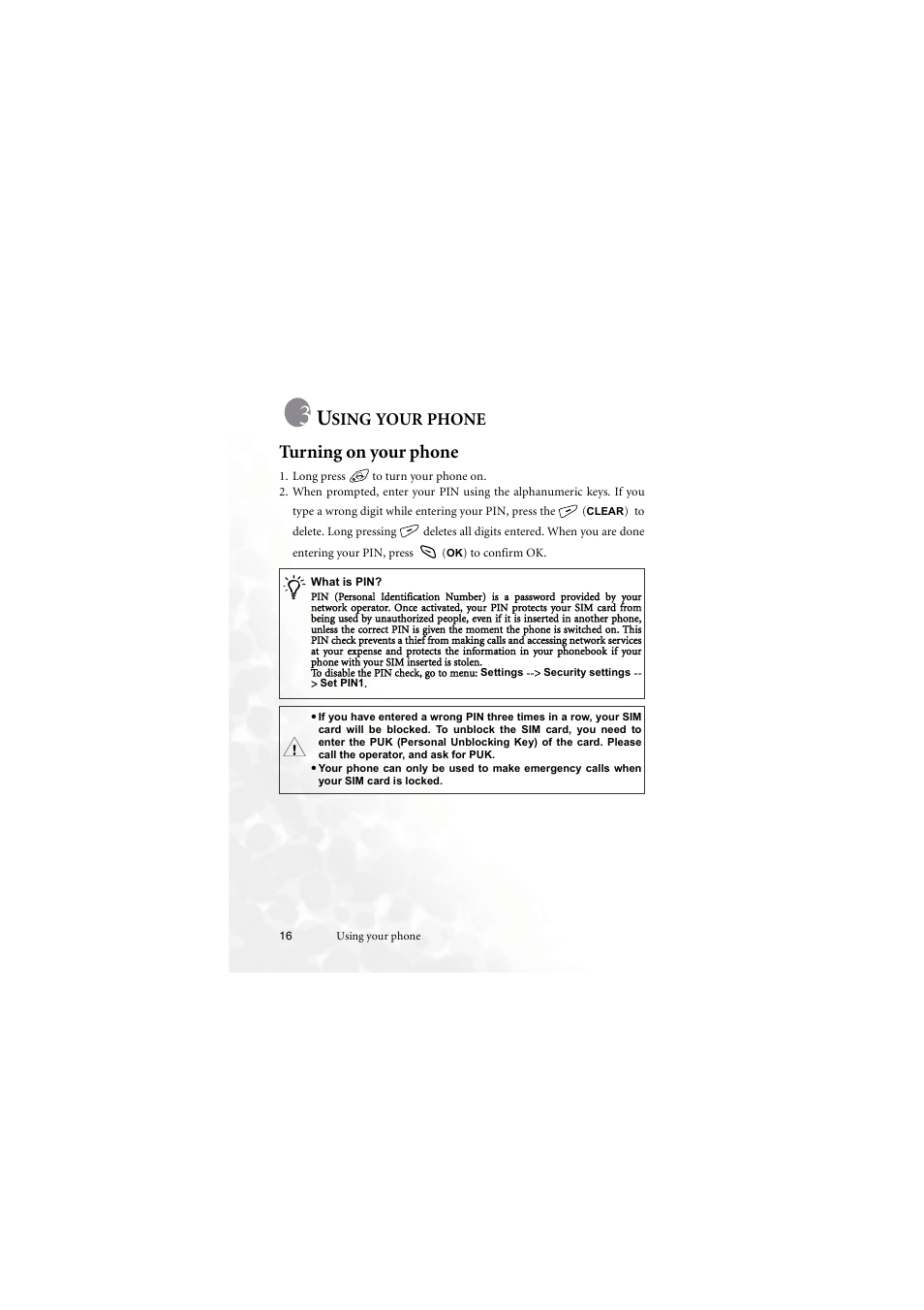 Using your phone, Turning on your phone, Sing | Your, Phone | BenQ M555C User Manual | Page 32 / 158