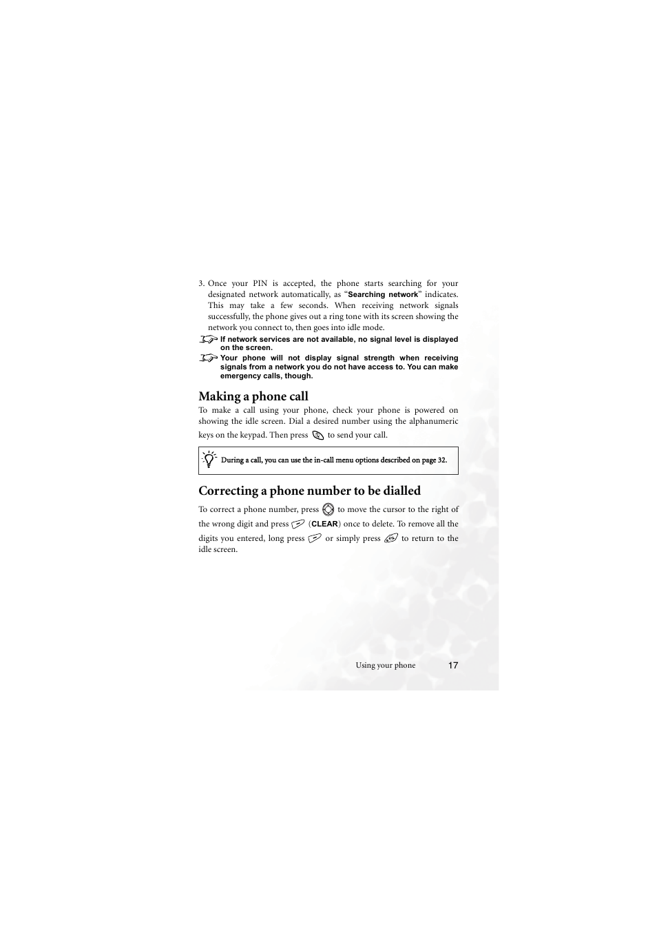 Making a phone call, Correcting a phone number to be dialled | BenQ M555C User Manual | Page 33 / 158