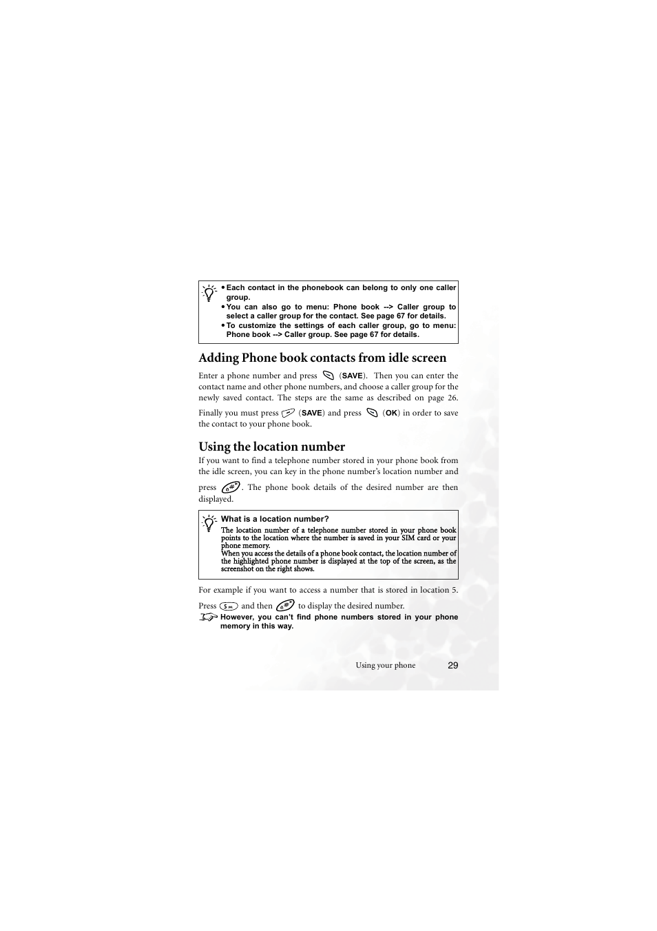 Adding phone book contacts from idle screen, Using the location number | BenQ M555C User Manual | Page 45 / 158