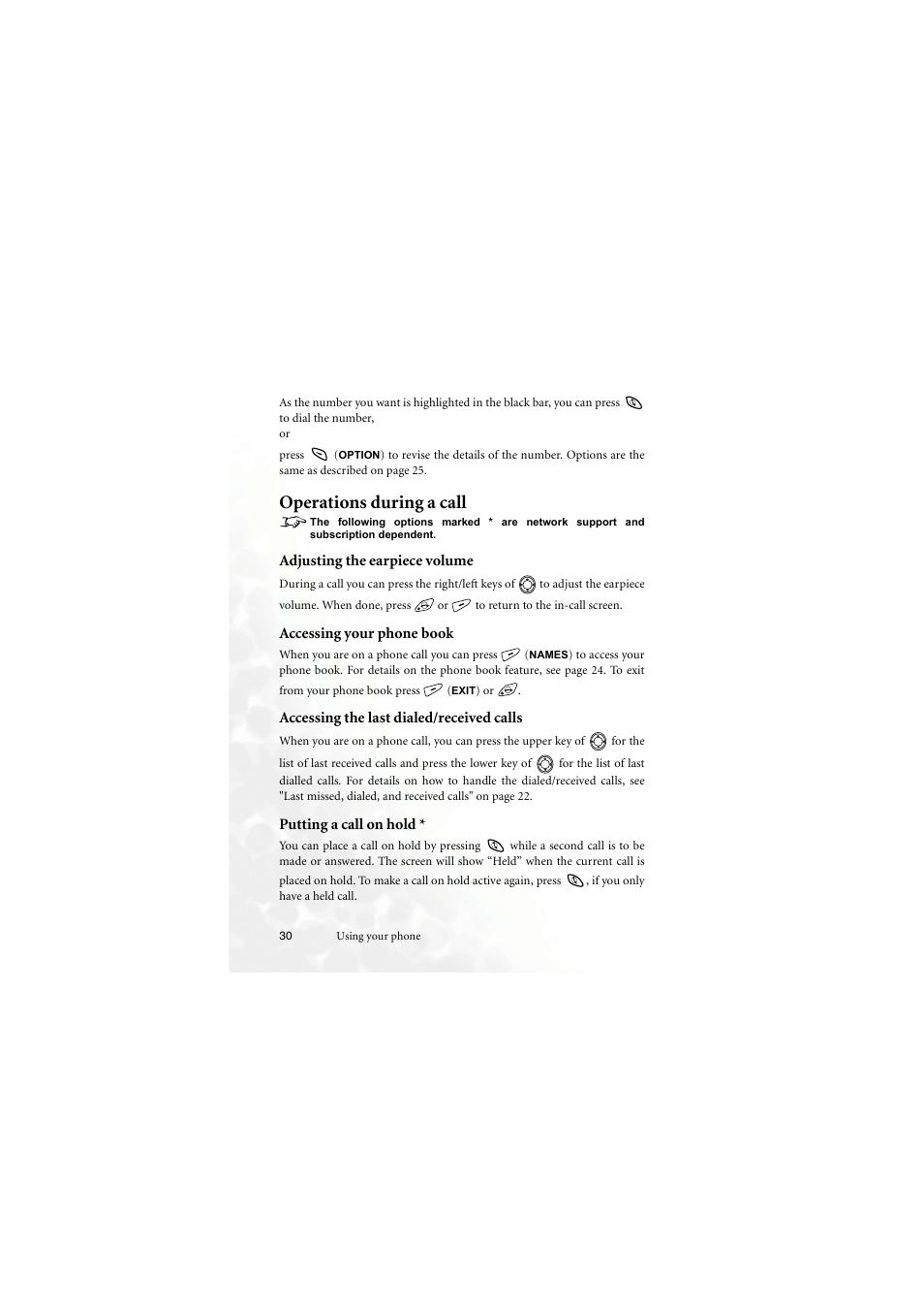 Operations during a call, Adjusting the earpiece volume, Accessing your phone book | Accessing the last dialed/received calls, Putting a call on hold, Operations during a call 8 | BenQ M555C User Manual | Page 46 / 158